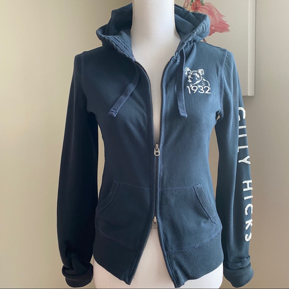 Gilly Hicks Navy Blue Zip-up Logo Sleeve Hoodie